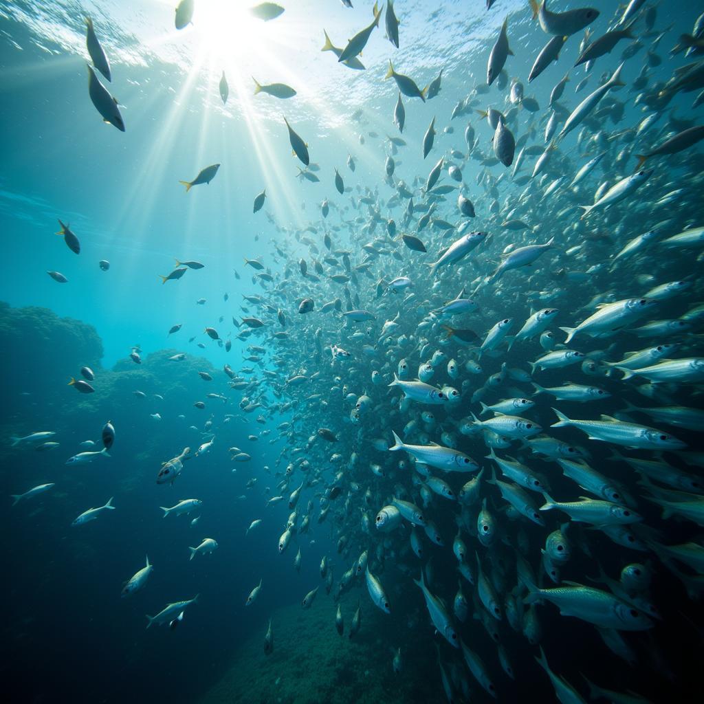 A school of wild fish in a feeding frenzy, demonstrating the dynamic nature of underwater food chains.