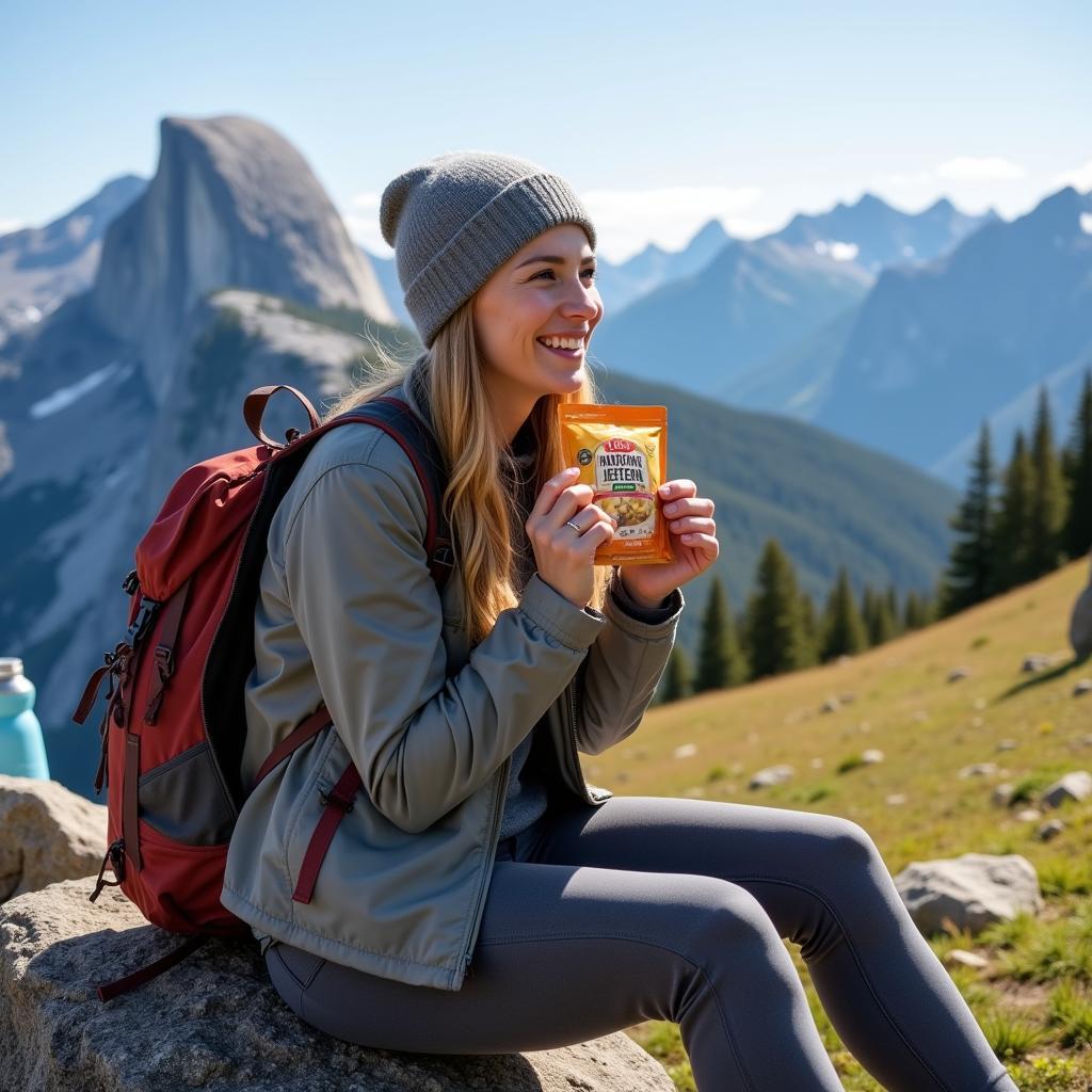 Woman Enjoying Freeze-Dried Meal on a Hike