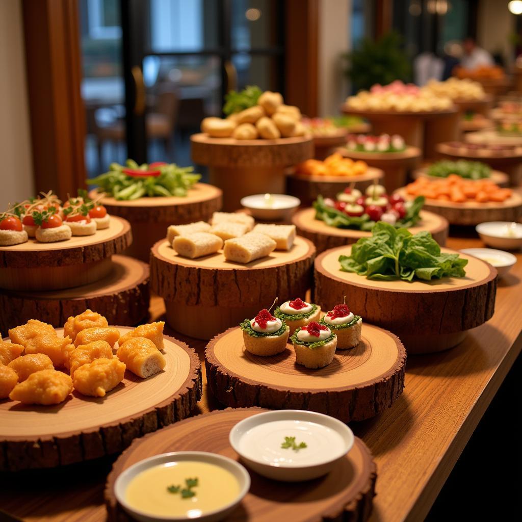 Wood risers of various heights used in a catering display, showcasing a variety of appetizers.