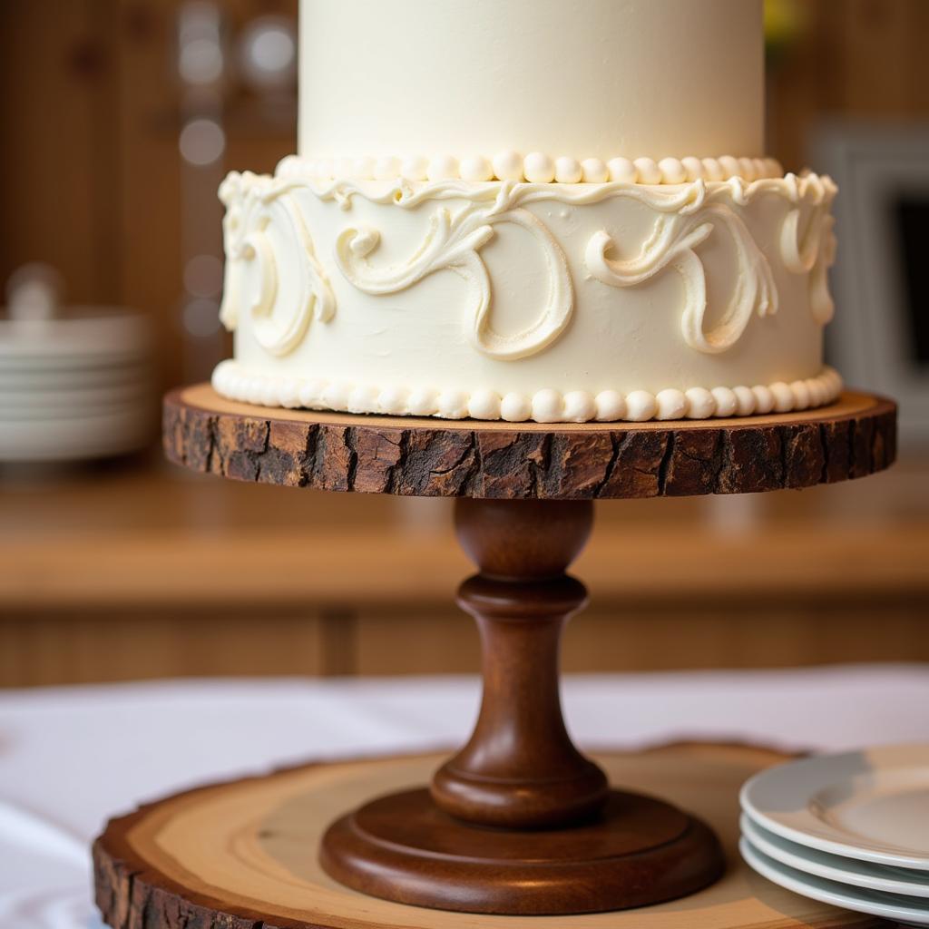 Elegant wood risers used to display a multi-tiered wedding cake.