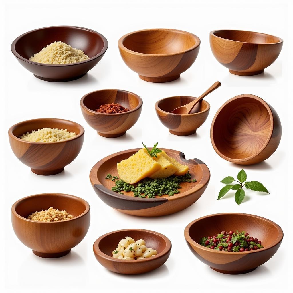 Variety of Wooden Food Bowls Showing Different Sizes and Grains