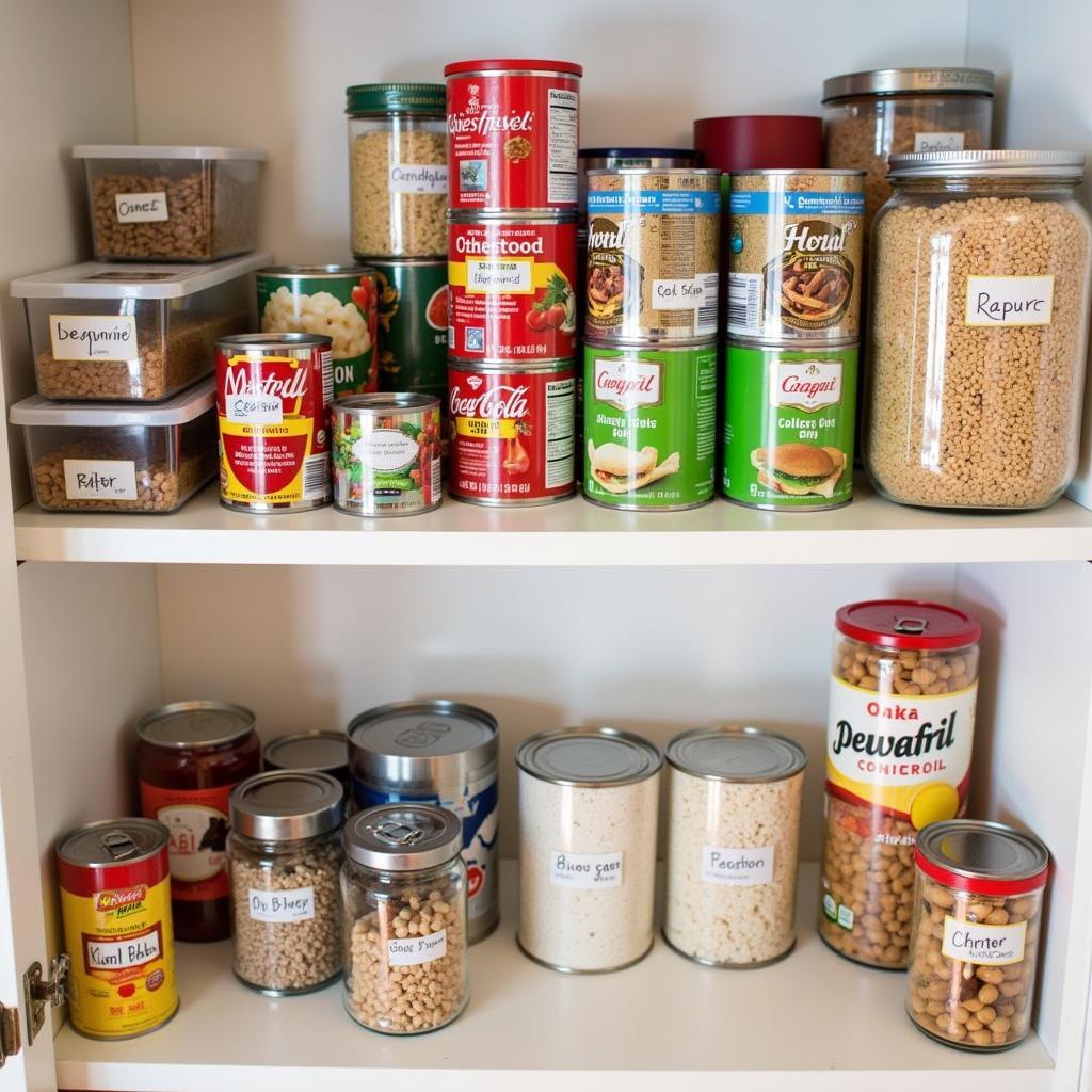 A pantry showcasing an organized food storage system using labeled #10 cans and clear containers.