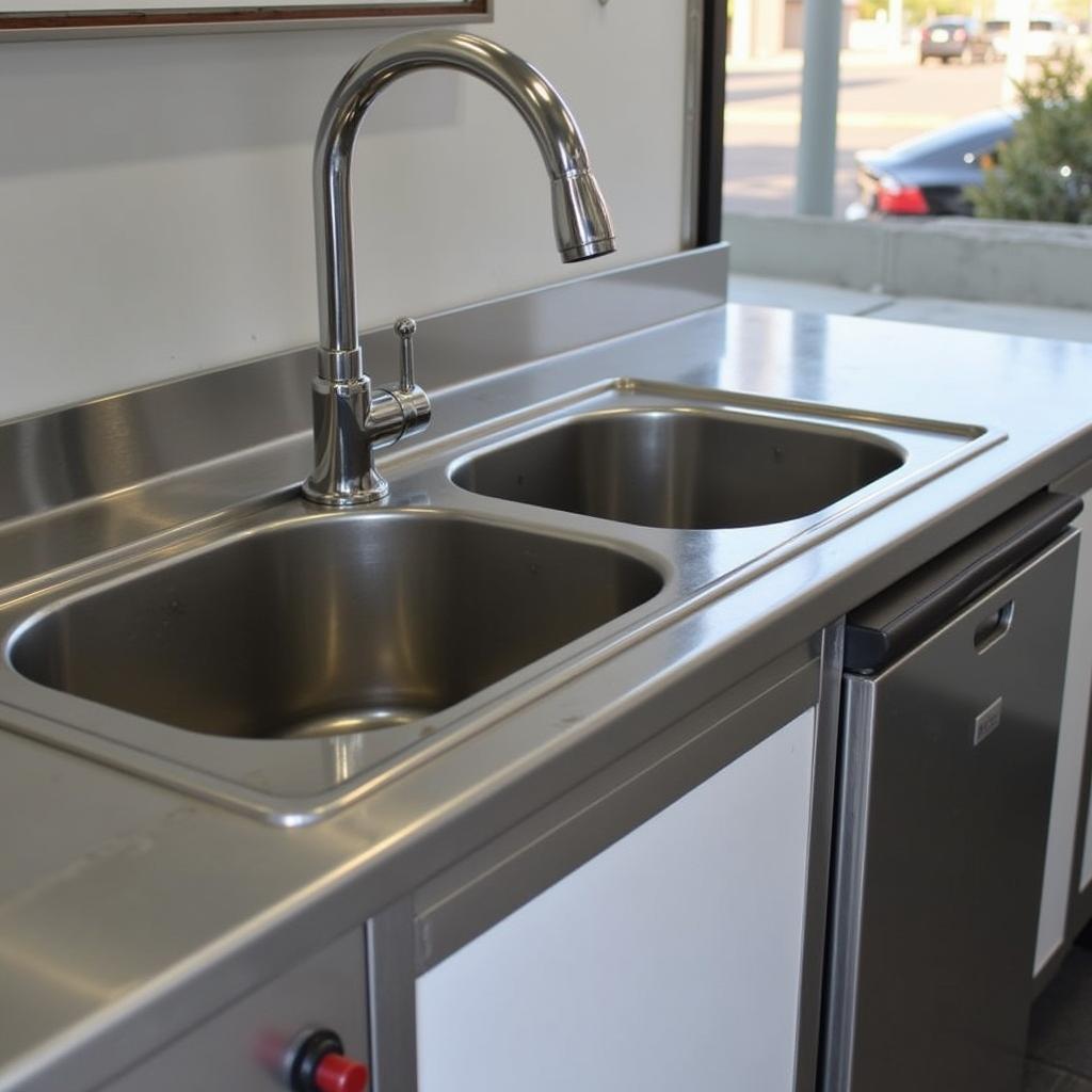 A stainless steel 3-bay sink installed in a food trailer.