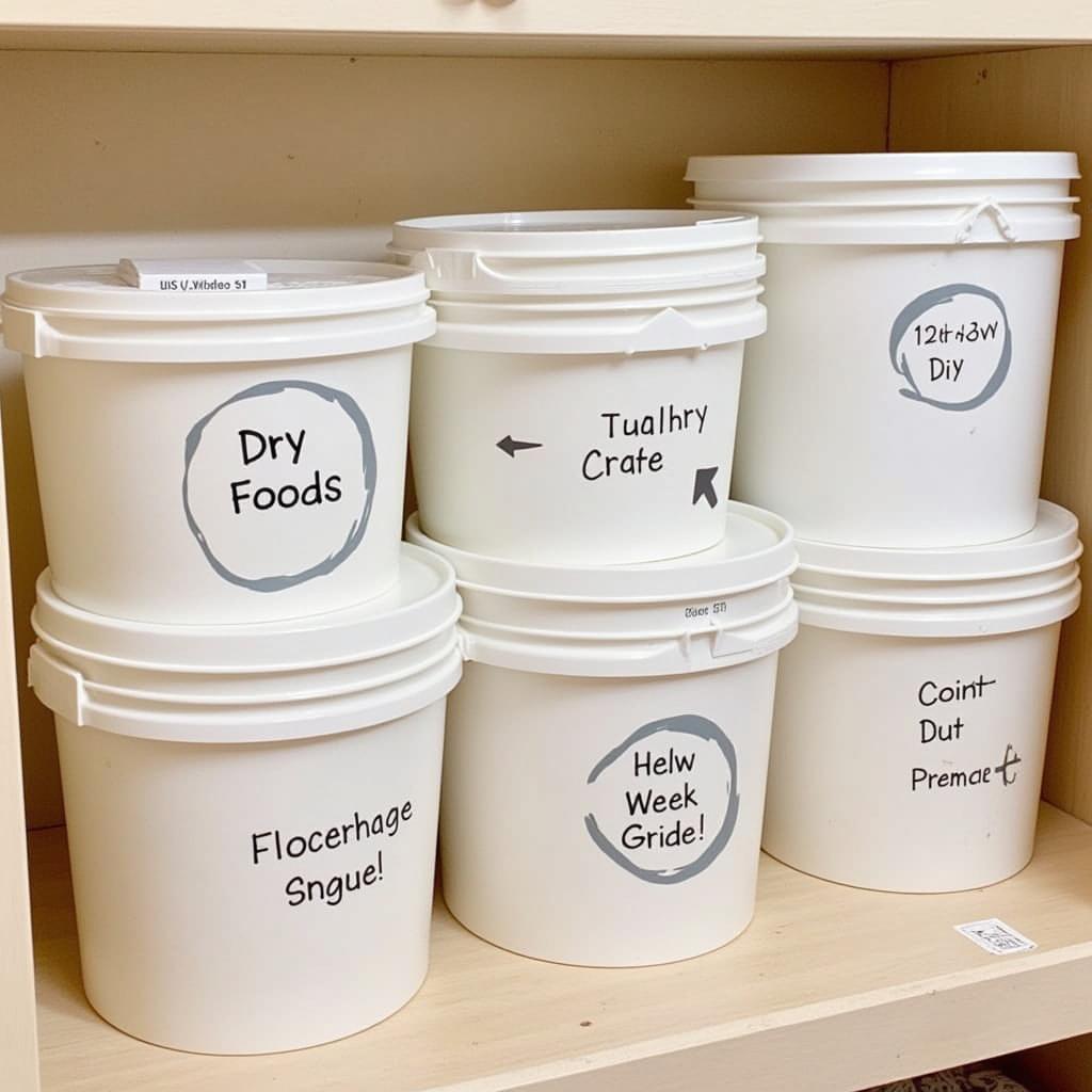 3 gallon food grade buckets with lids neatly organized in a pantry