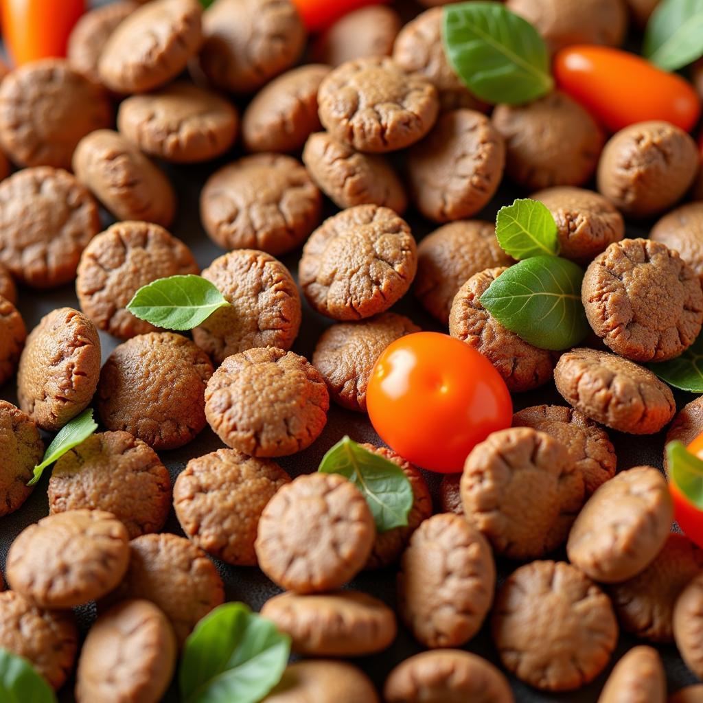 Close-up of 30/20 dog food kibble with visible ingredients like meat, vegetables, and grains.