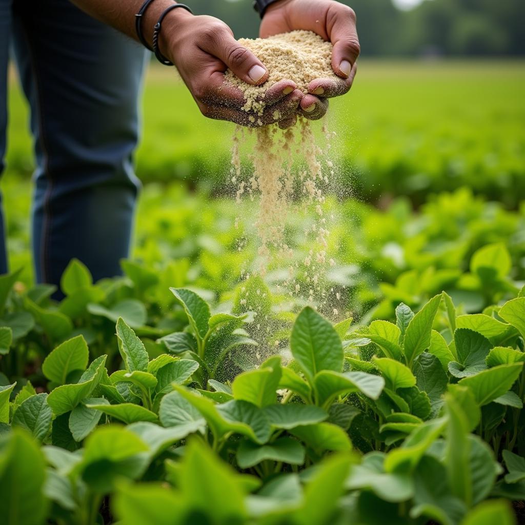 Applying 34-0-0 fertilizer to a lush food plot