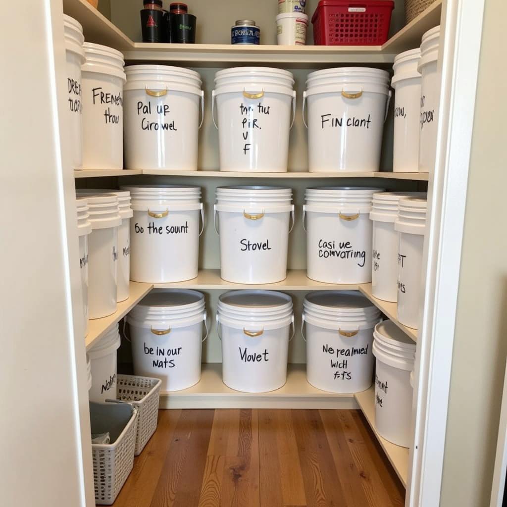 Organized Pantry with 5-Gallon Food Storage Buckets