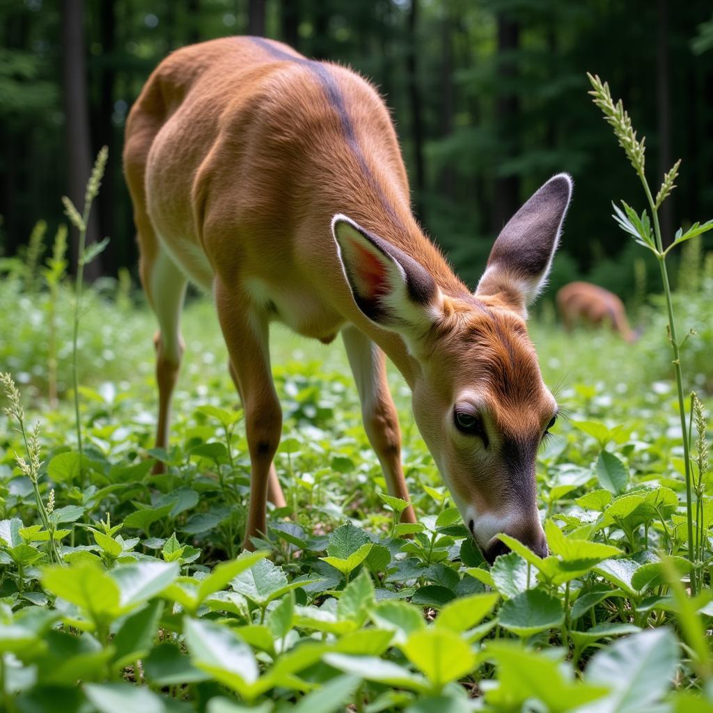 Deer foraging in a lush 5-way food plot mix