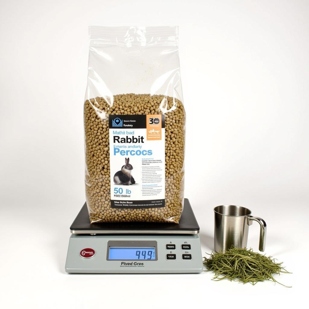 A 50 lb bag of rabbit pellets sitting on a scale, next to a measuring cup and fresh hay.