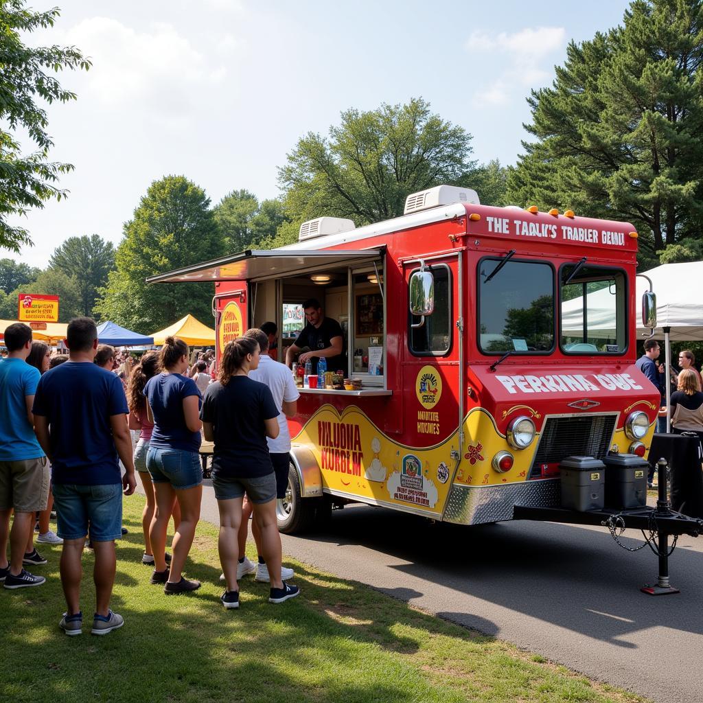 A vibrant 6x12 food trailer serving customers at a bustling outdoor event.