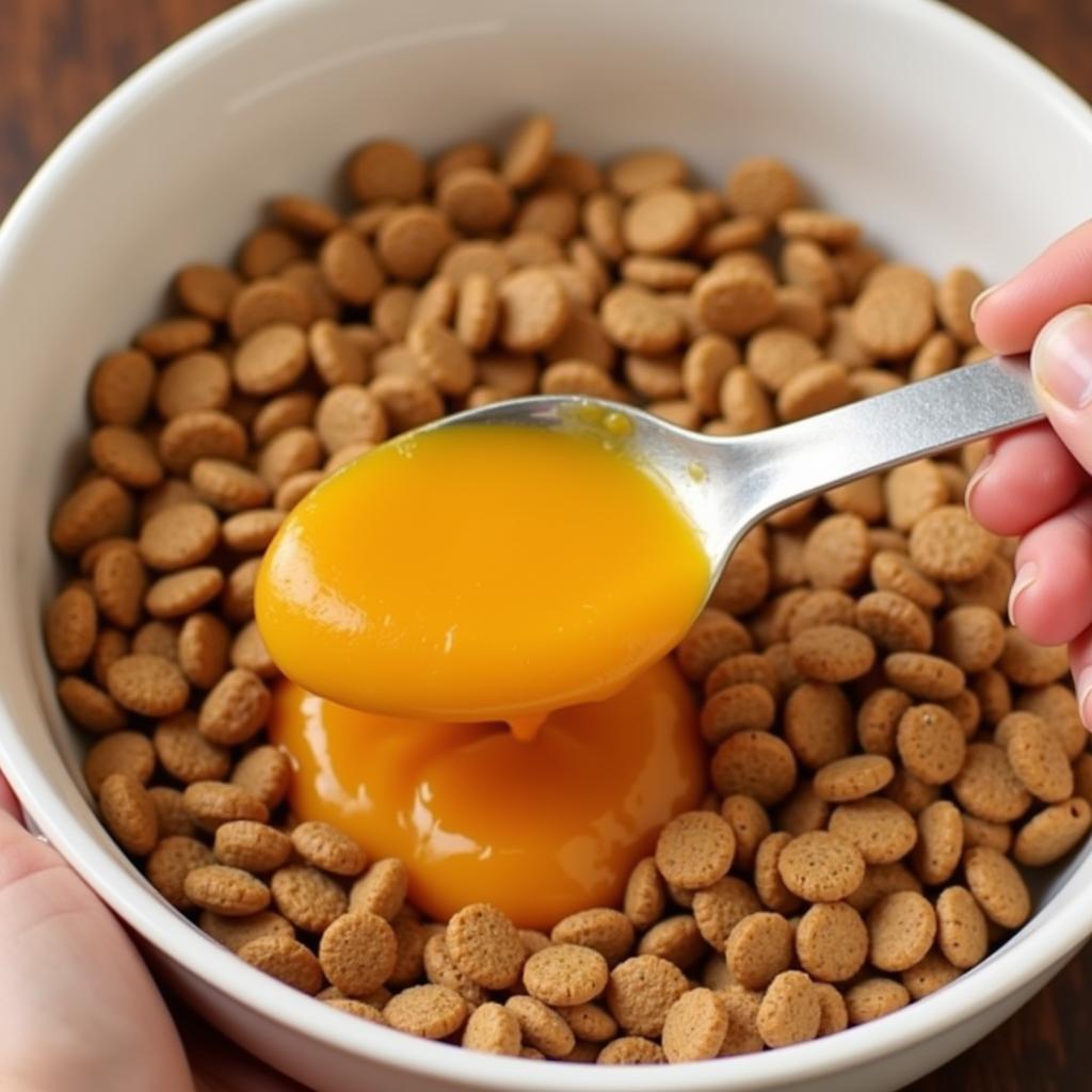 A dog owner adding pumpkin puree to dog food