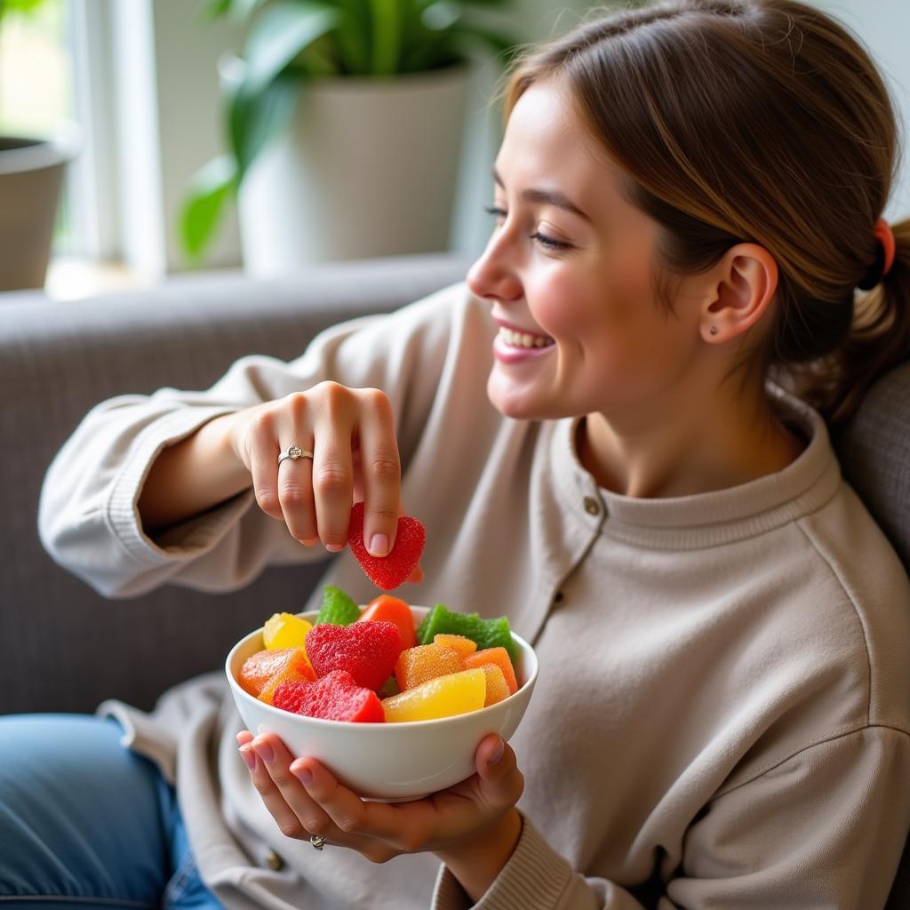 An adult enjoying a bowl of food shaped gummies