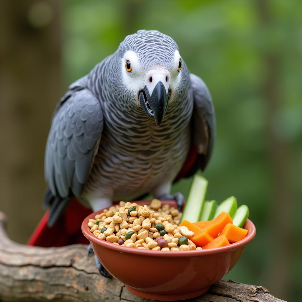 An African Grey parrot enjoying a bowl of colorful and nutritious food pellets, seeds, and fresh vegetables.