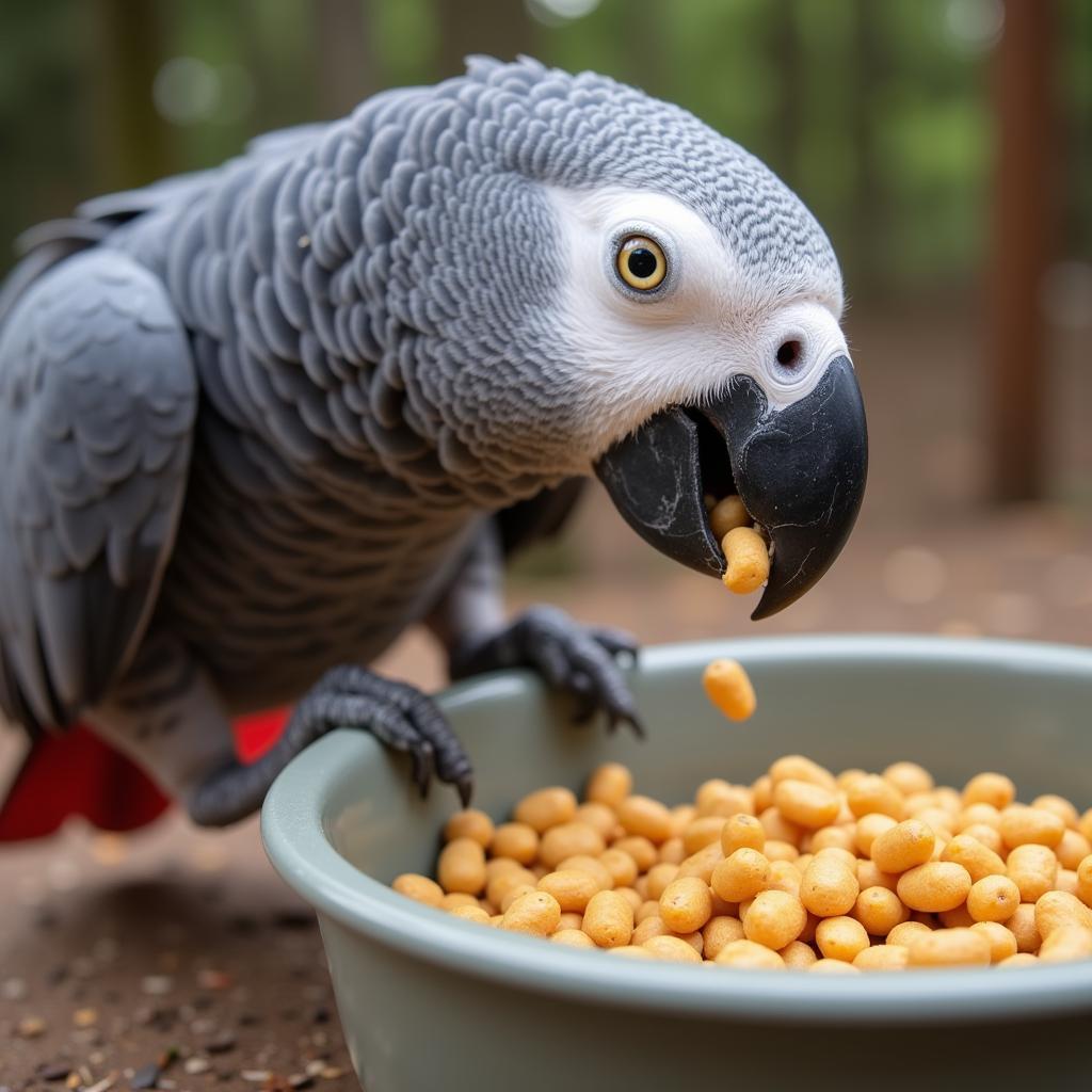 An African Grey Parrot eating pellets from a bowl.