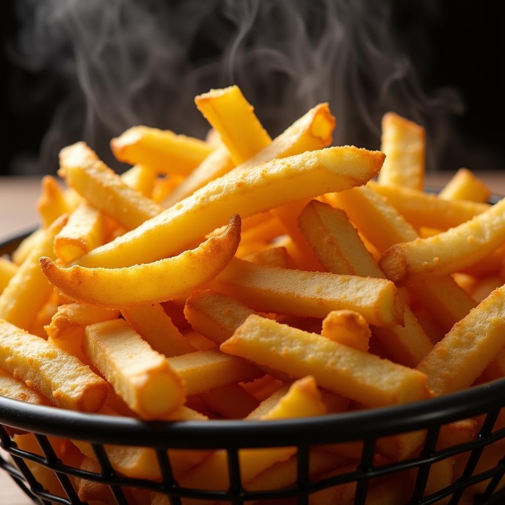 Basket of golden air-fried Ore Ida extra crispy fries