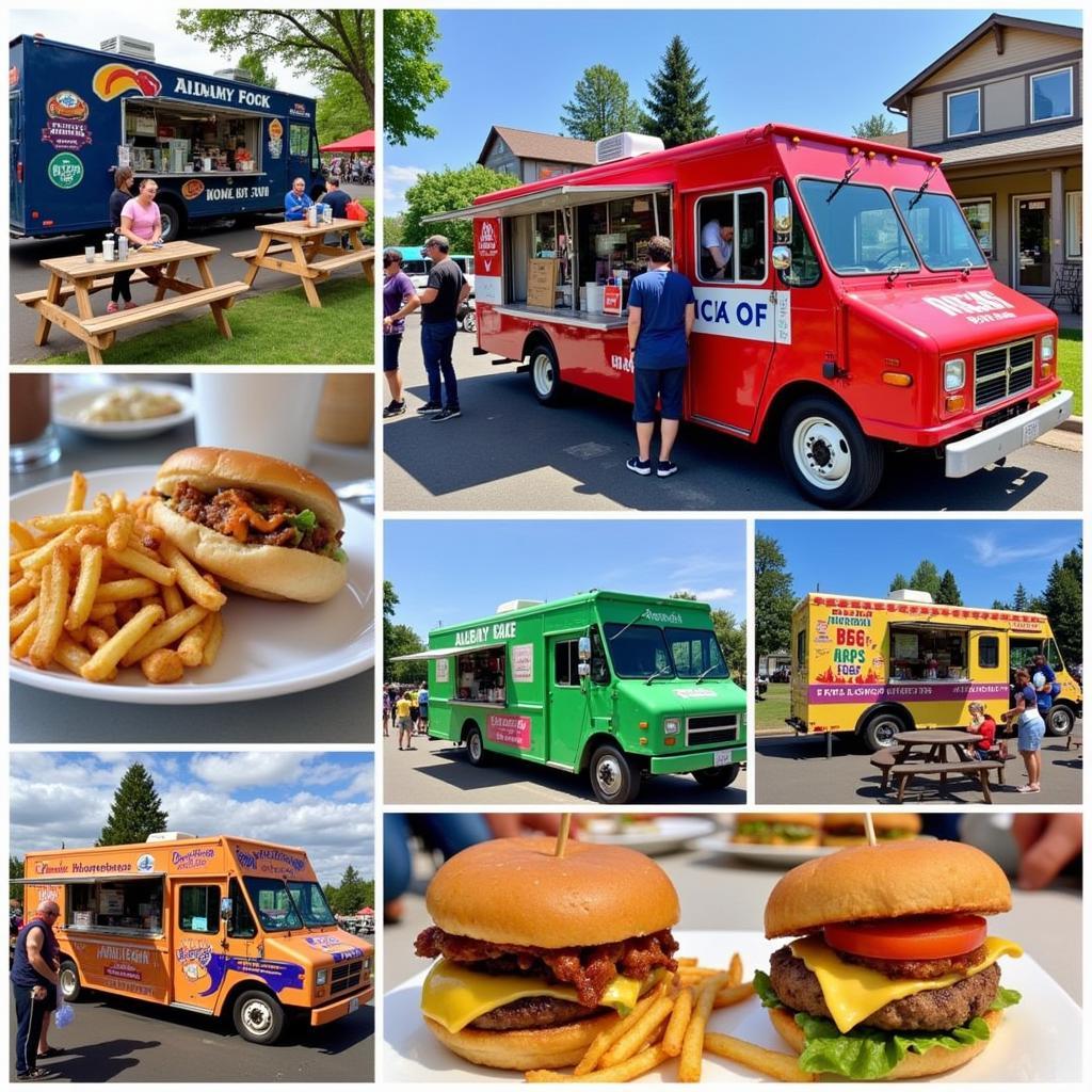 Albany Oregon Food Truck Scene - A vibrant collage showcasing the diverse food truck offerings in Albany, Oregon. From classic American fare to international cuisine, the image captures the energy and excitement of the local food truck scene.