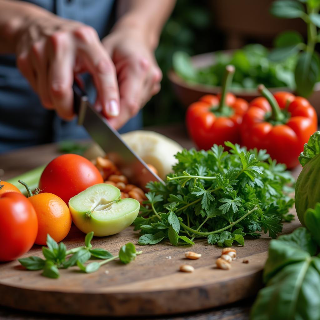 Hands preparing a meal with fresh ancestral ingredients, emphasizing whole, unprocessed foods.