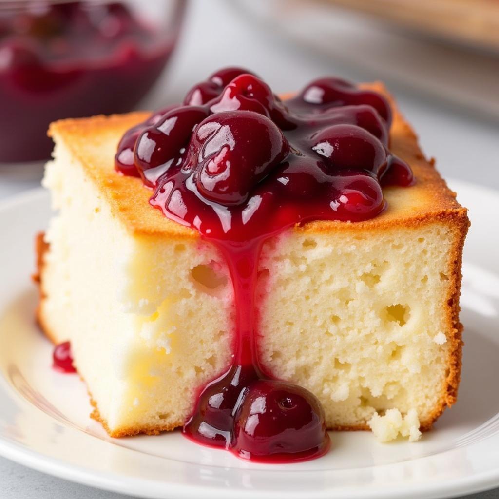 Slice of angel food cake with pie filling