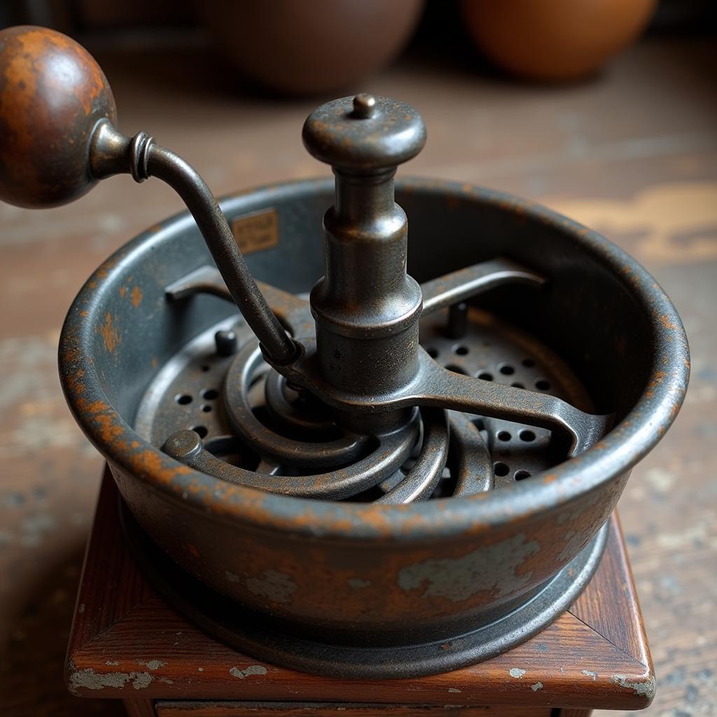 Close-up view of a vintage food mill, showing its intricate details and patina.