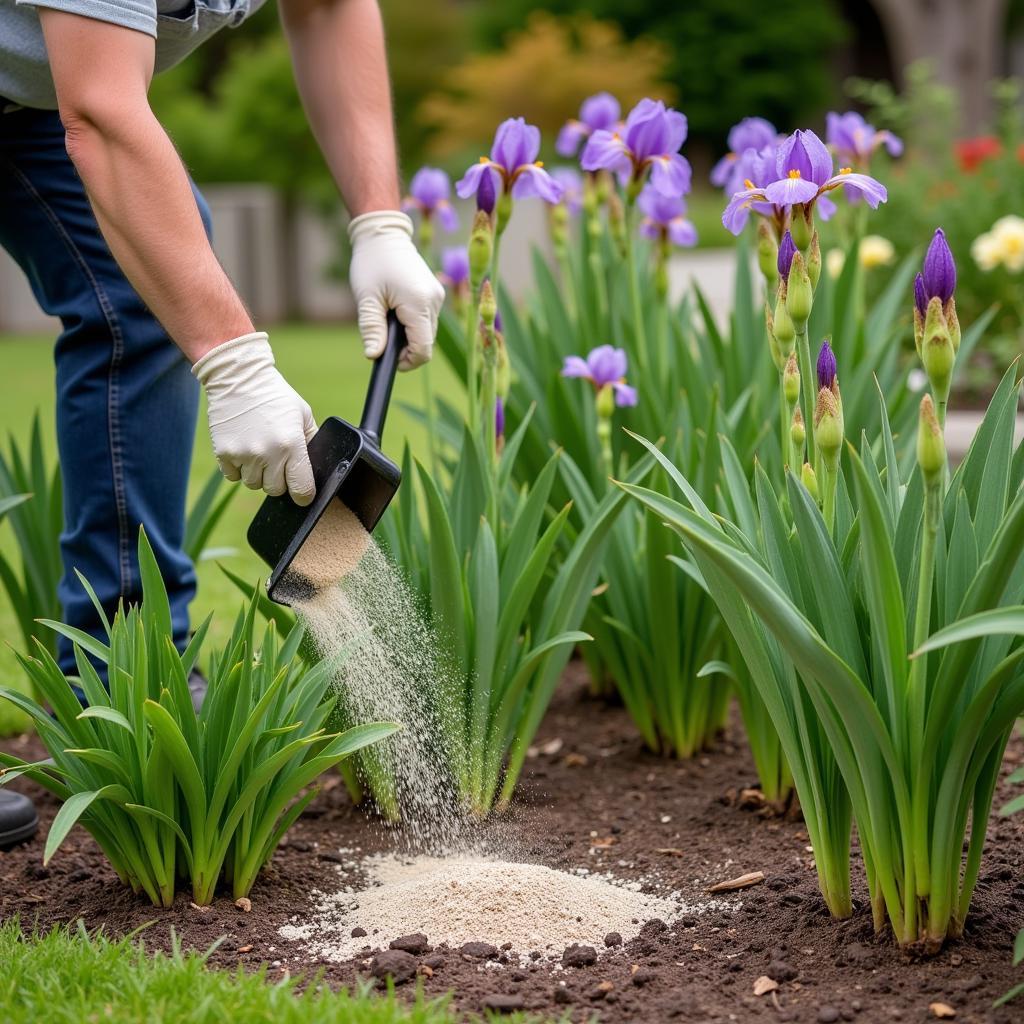 Applying iris plant food in spring