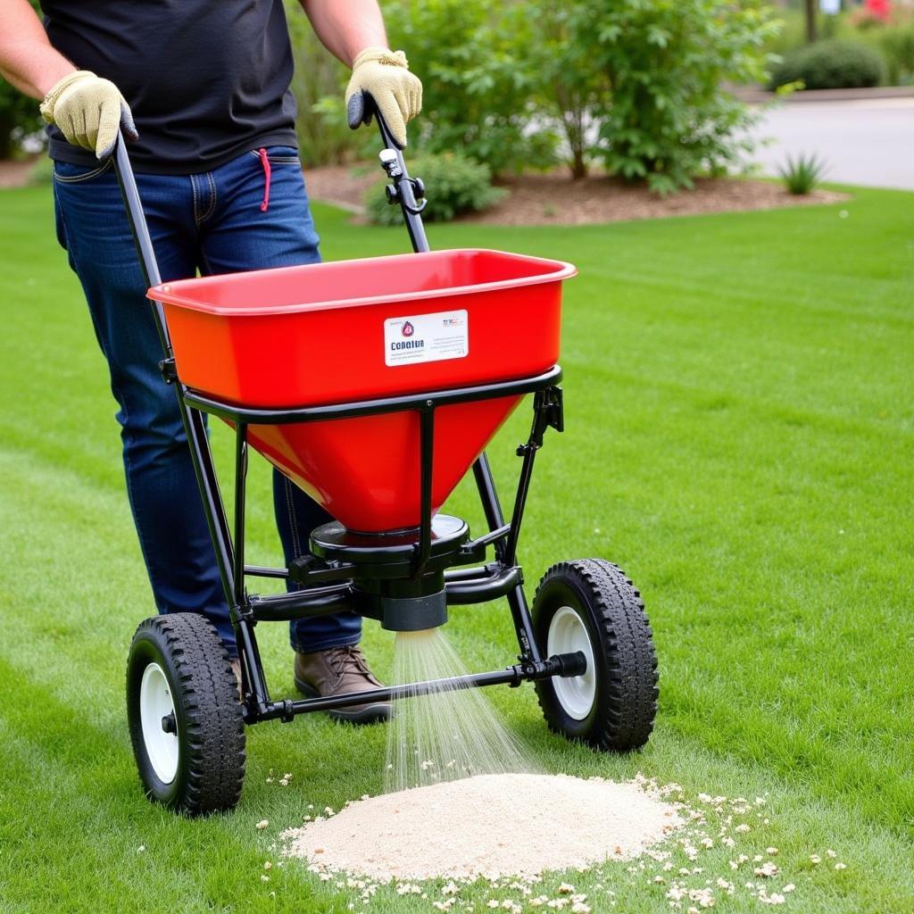 A person applying granular lawn fertilizer using a spreader.