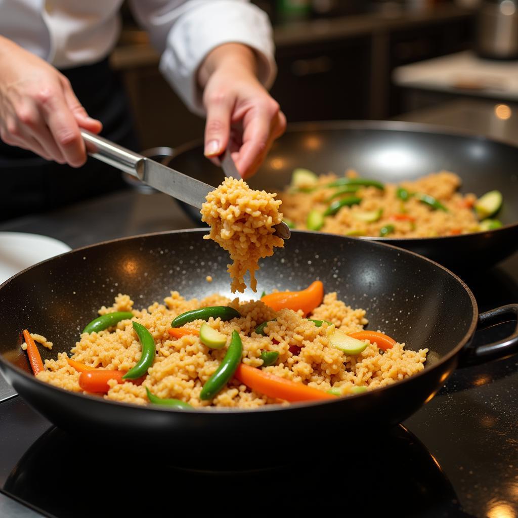 Close-up shot of a chef preparing Arroz Chino in a wok, emphasizing the fresh ingredients and cooking techniques.