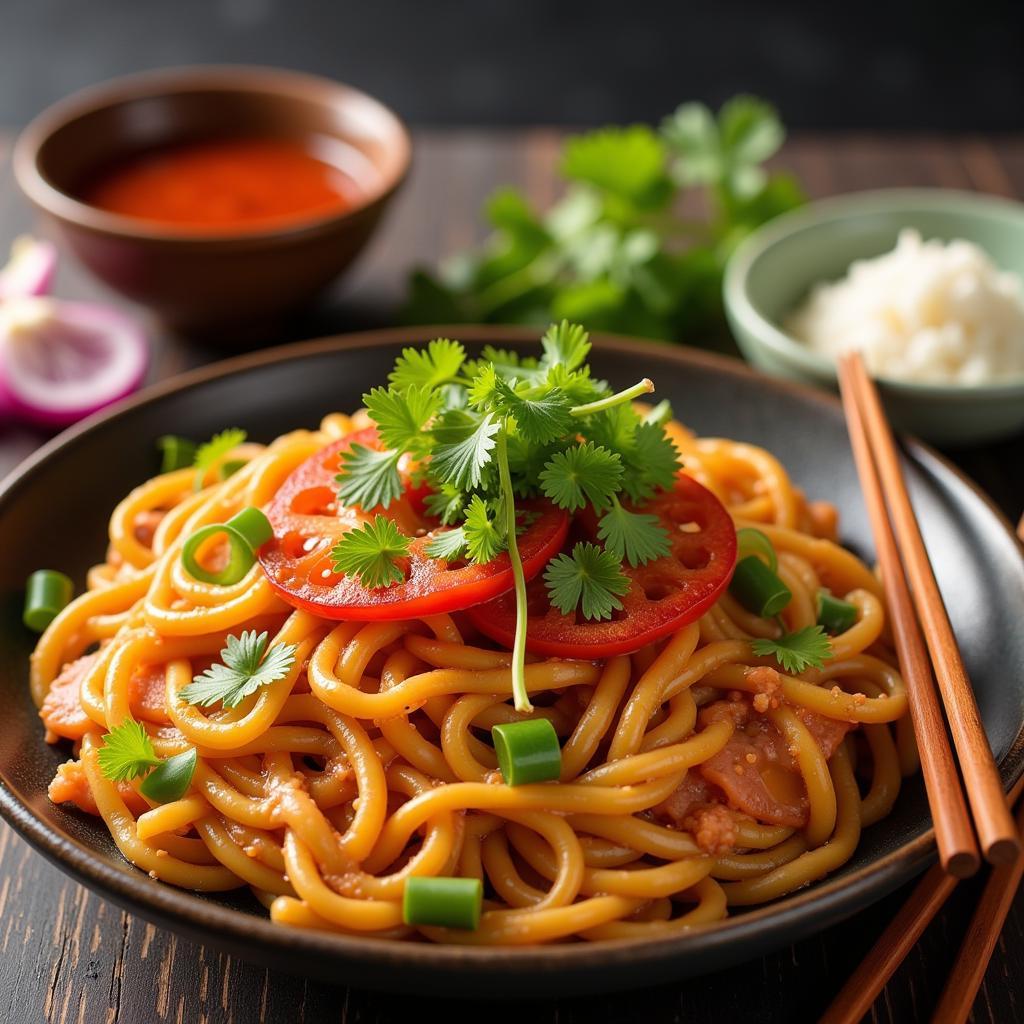 A beautifully plated Asian dish prepared using ingredients from an Asian food box.