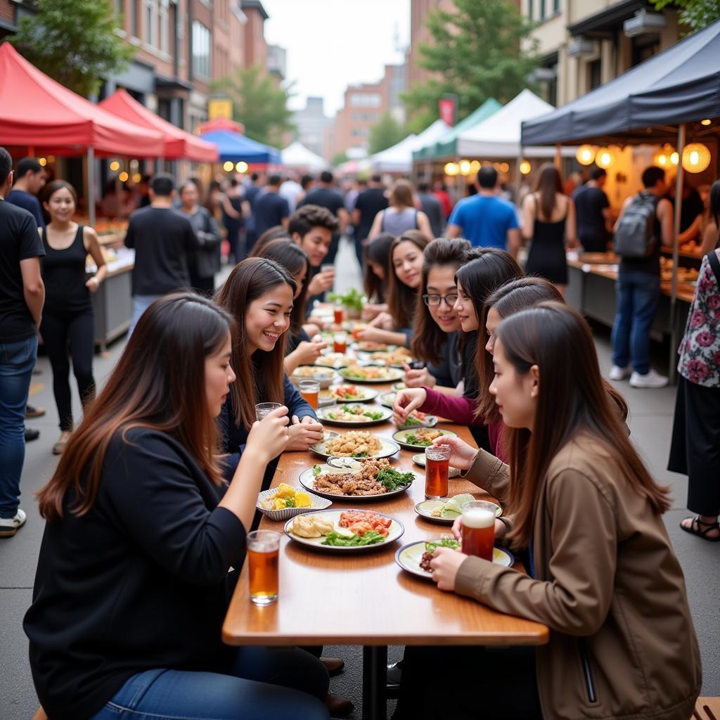 A diverse crowd enjoying food and drinks at an Asian street food festival, creating a lively and communal atmosphere.