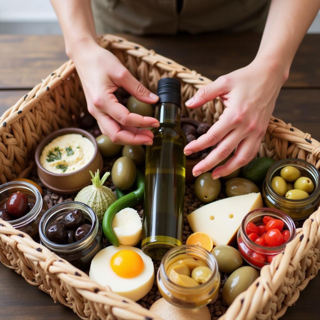 Hands arranging items in a Mediterranean food gift basket, showcasing the process of creating a personalized gift.