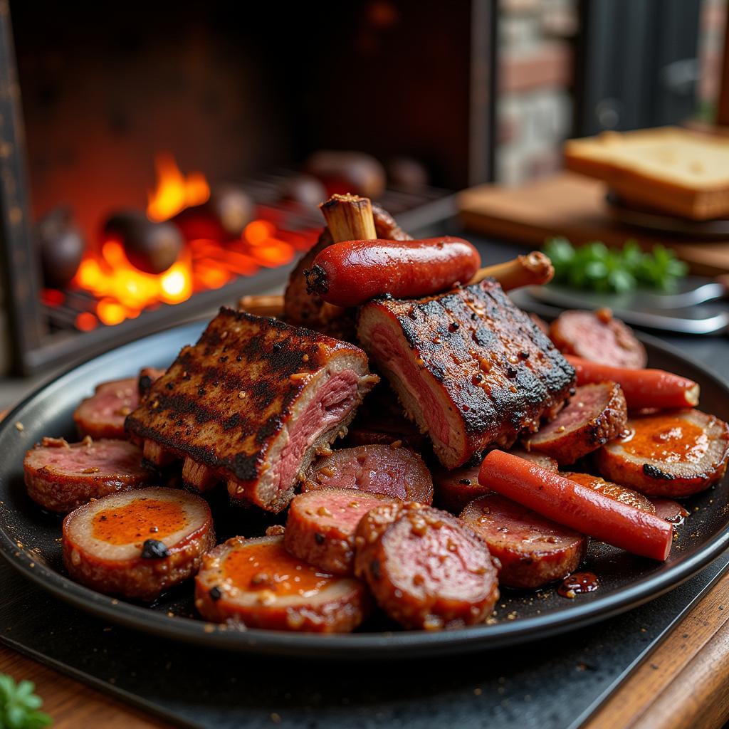 A platter of authentic Argentinan asado with various grilled meats.