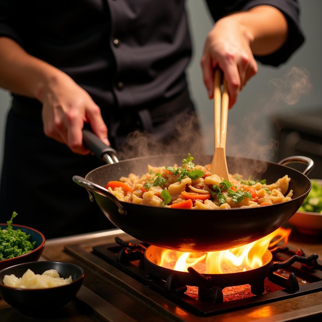 A chef preparing authentic Chinese dishes in a restaurant kitchen on Route 441