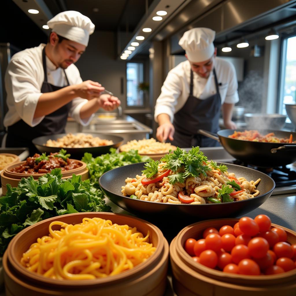 A photo of a bustling Chinese restaurant kitchen with chefs preparing traditional dishes.