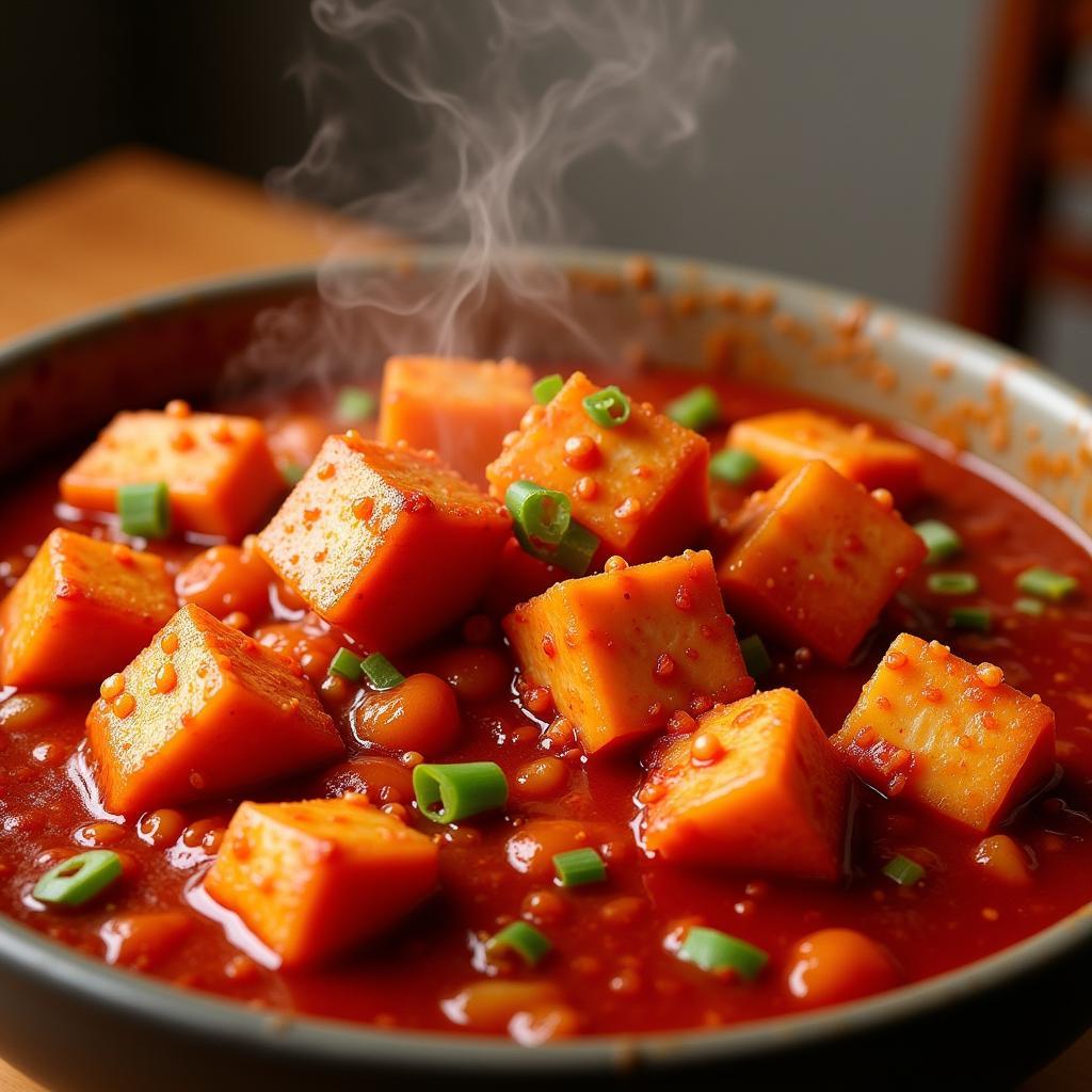 A sizzling plate of Mapo Tofu, garnished with scallions and chili flakes.