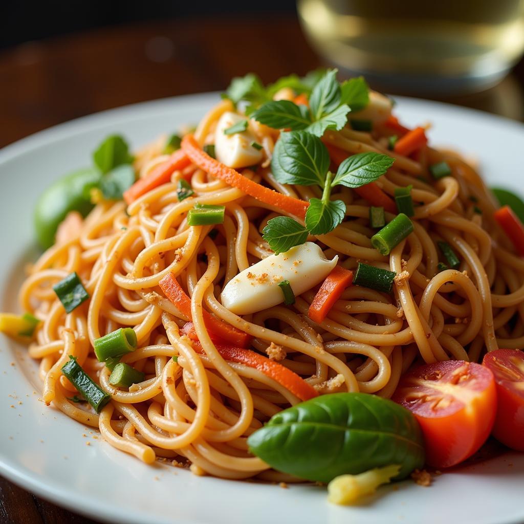 Close-up of a beautifully plated Pad Thai, showcasing the vibrant colors and textures of the dish.