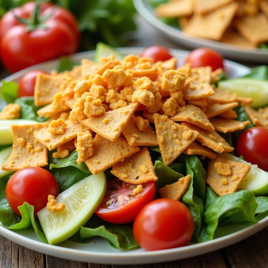 A fresh salad topped with crumbled Baba Foods pita chips.