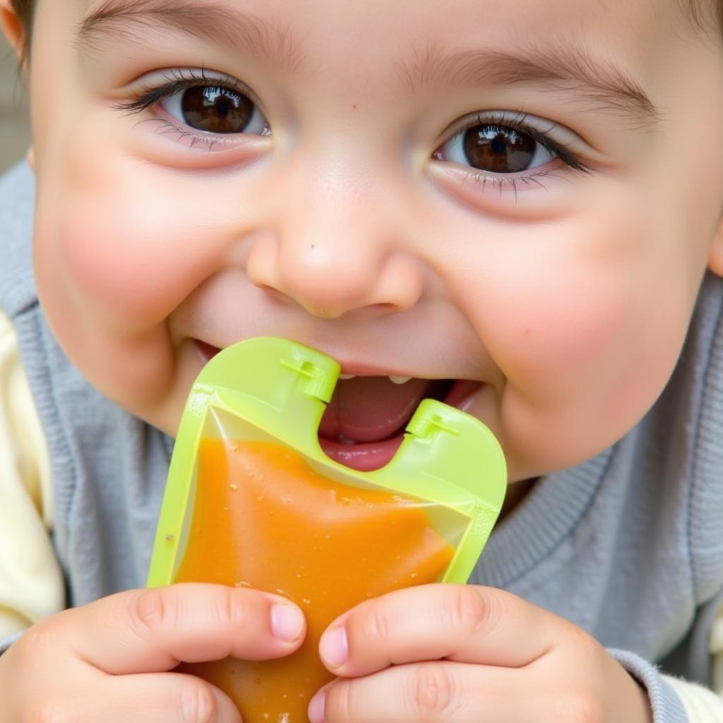 Baby Enjoying Food from a Reusable Pouch