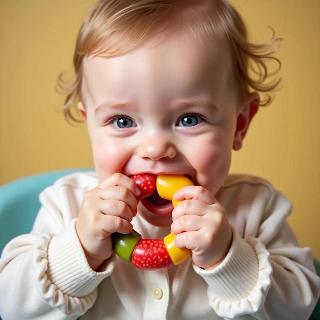 Baby happily chewing on a colorful food teething ring