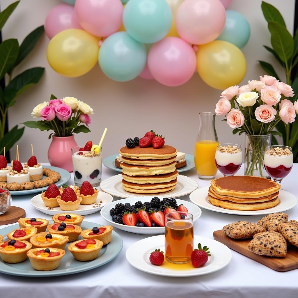 A beautifully arranged table filled with various brunch dishes for a baby shower.