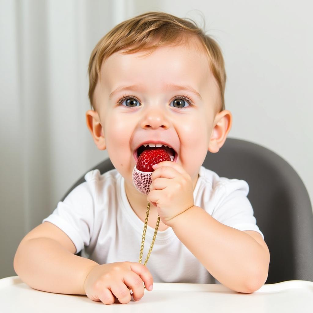 Baby happily chewing on a food teether