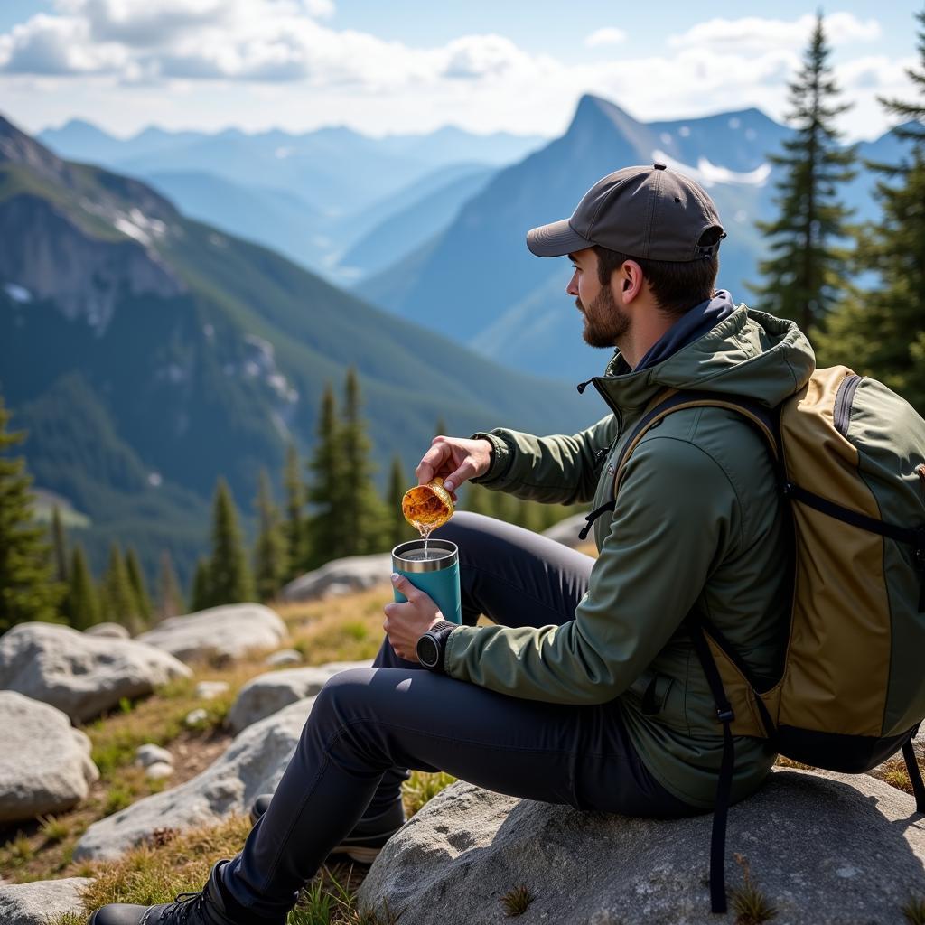 Backpacker Preparing Dehydrated Meal with Mountain View