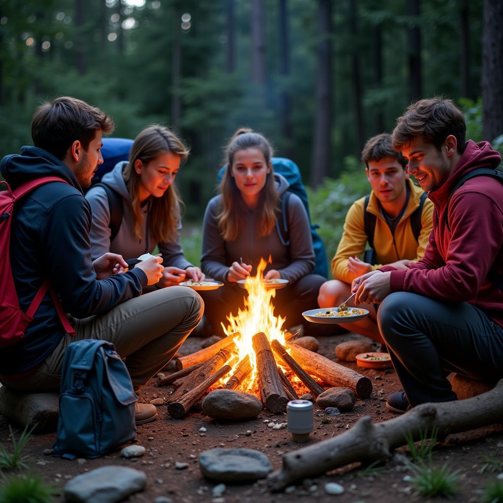 Backpackers Enjoying Ready to Eat Meals