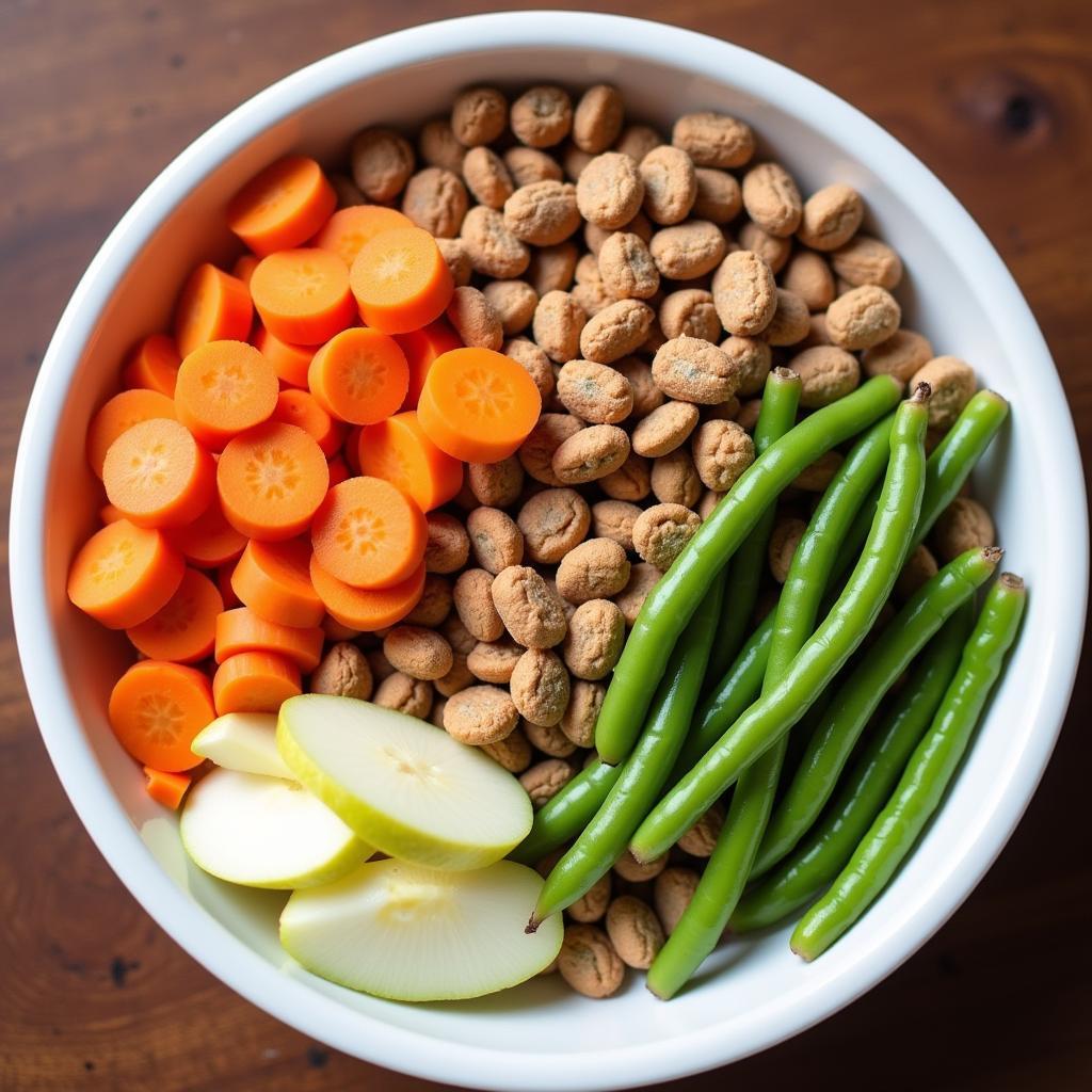 A balanced diet for a Japanese Chin consisting of kibble, fresh vegetables, and fruits.