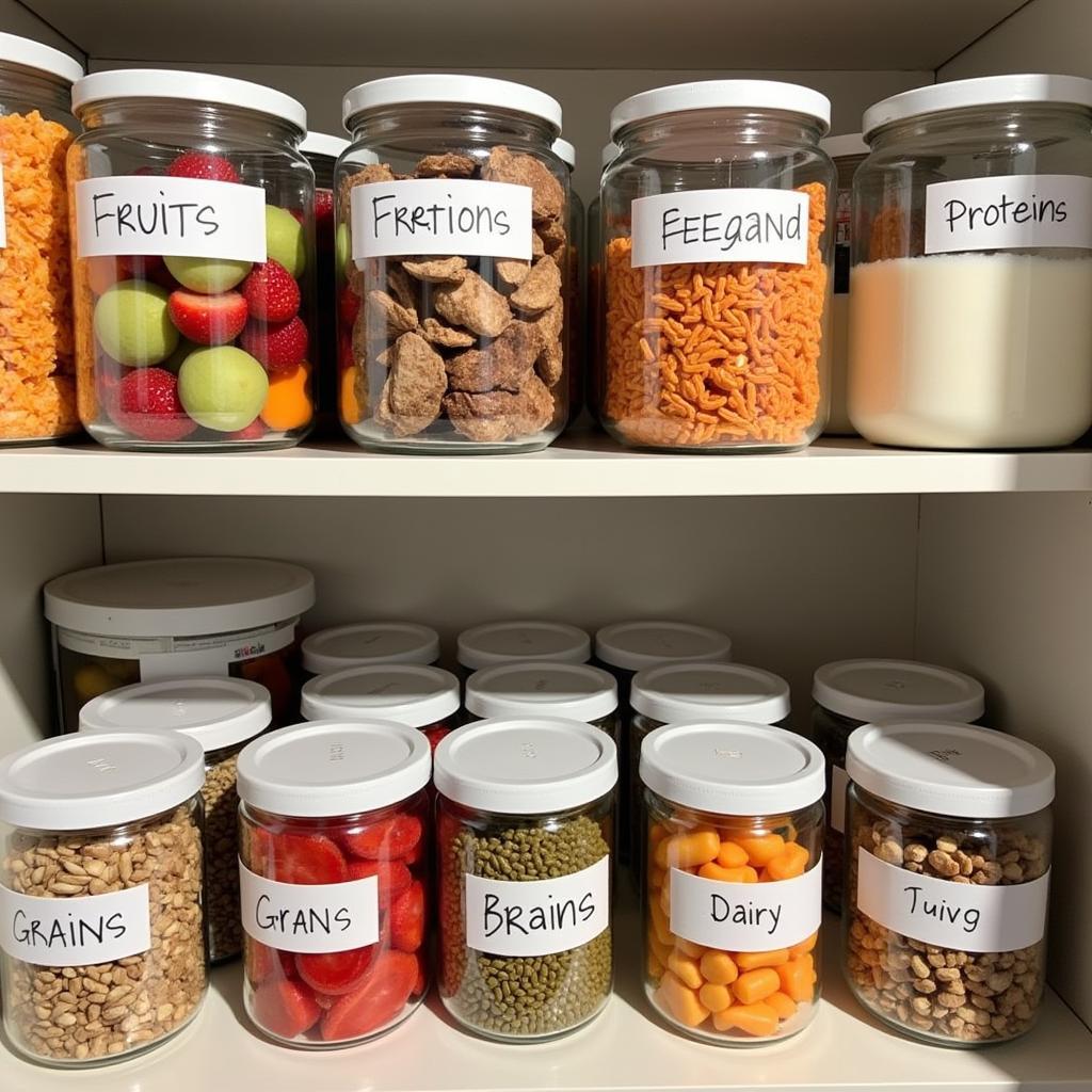 A well-organized pantry stocked with a balanced supply of cheap bulk freeze-dried food.