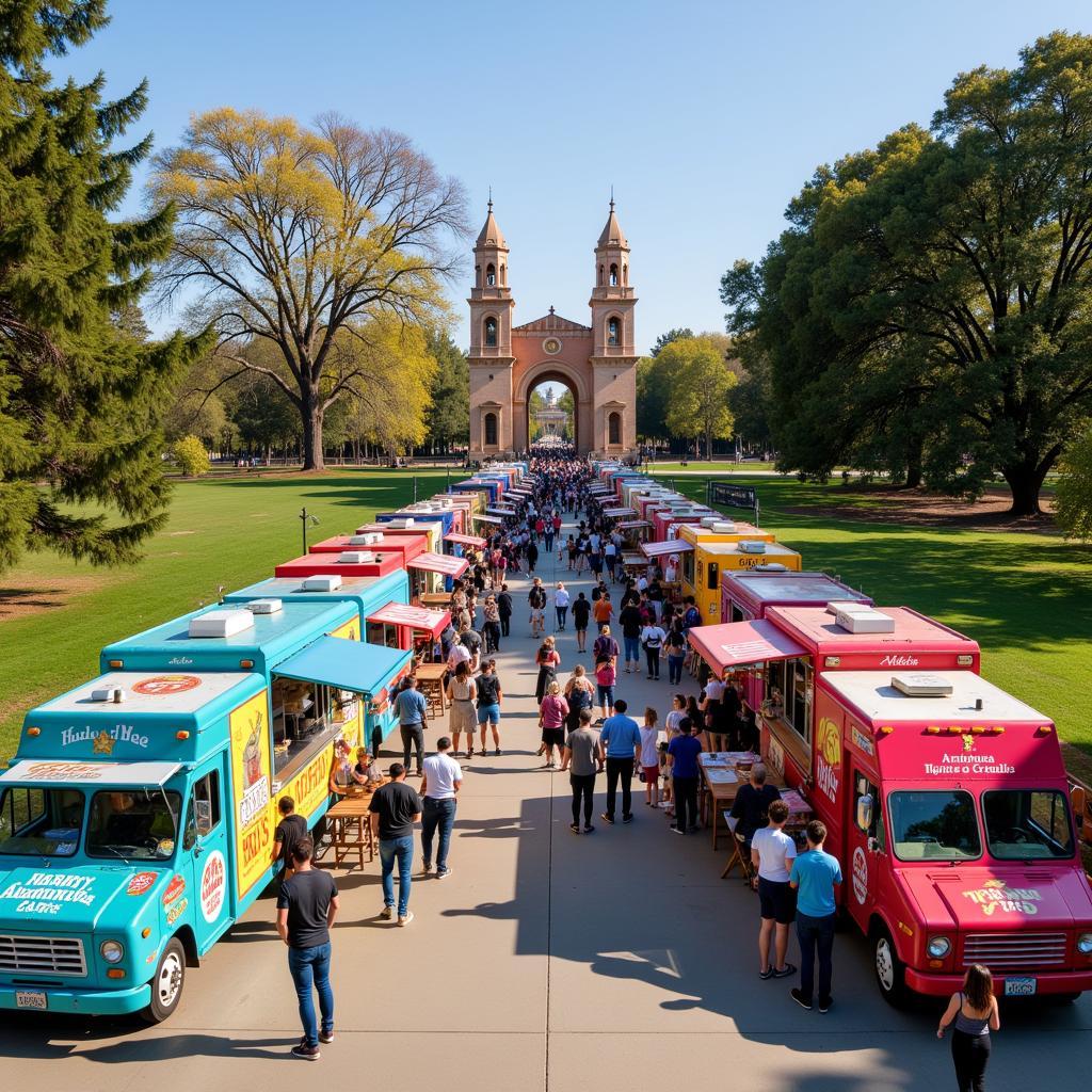 Diverse food trucks lined up at Balboa Park, offering various cuisines.