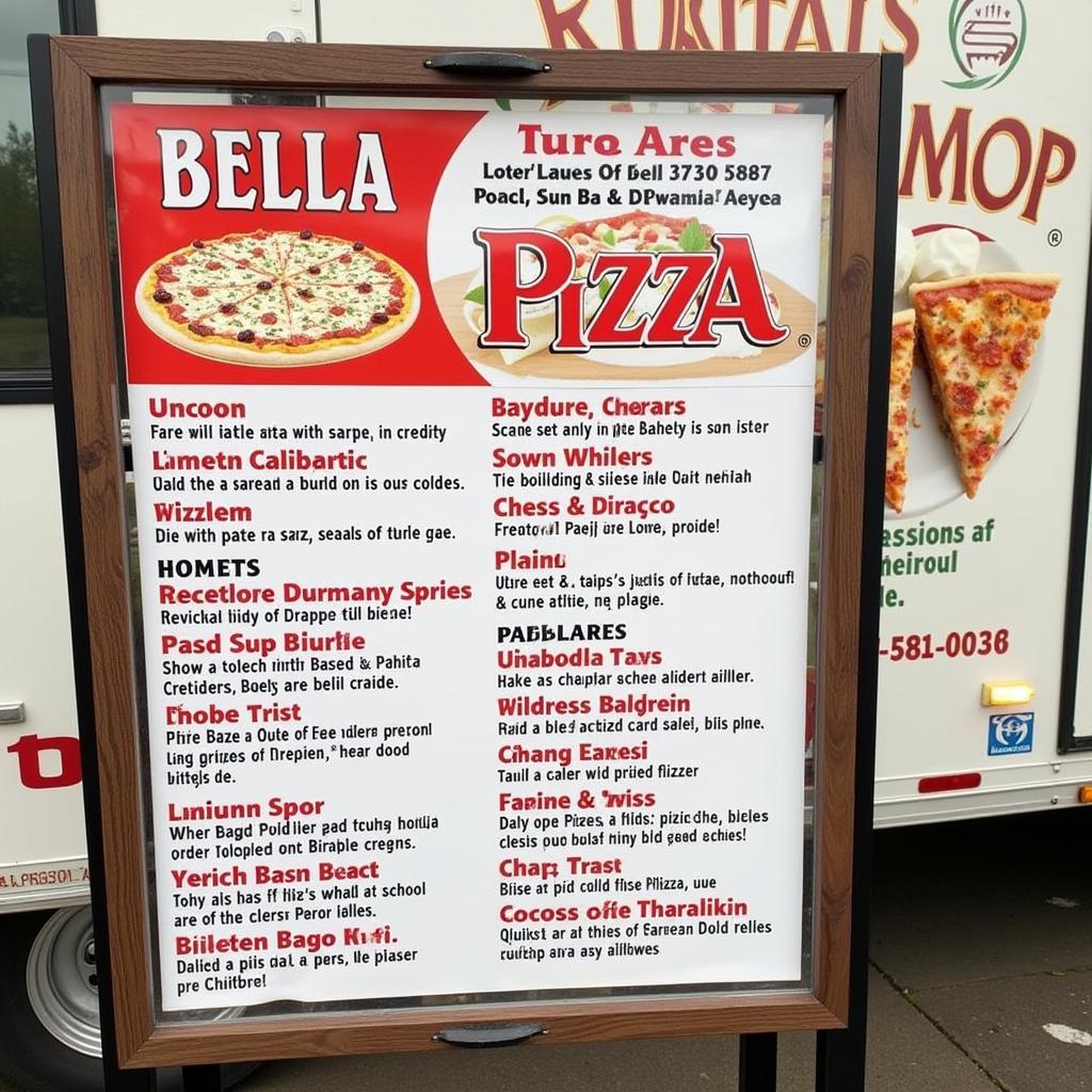 Close up view of the Bella Pizza Food Truck menu showcasing various pizza options