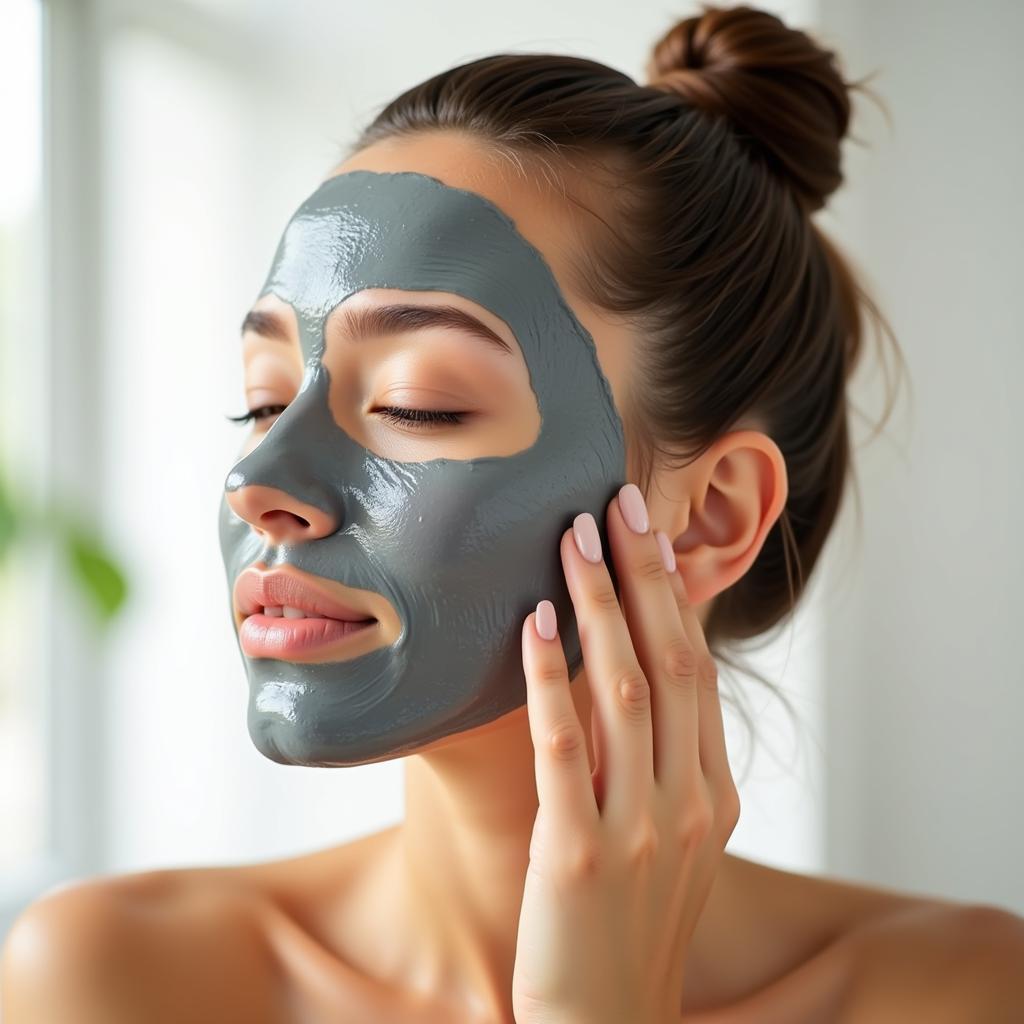 Woman applying a bentonite clay face mask