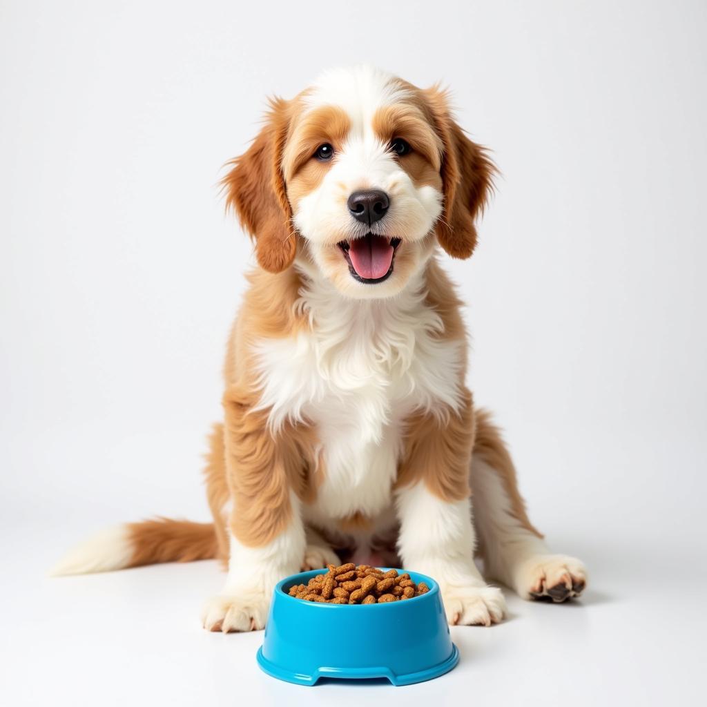 Bernedoodle enjoying a bowl of kibble