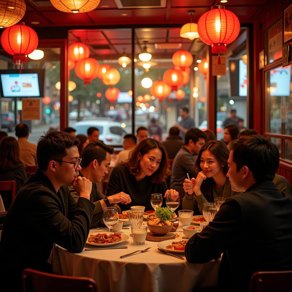 A warm and inviting image of a Chinese restaurant on Harford Road, showing happy diners enjoying their meals in a bustling atmosphere.