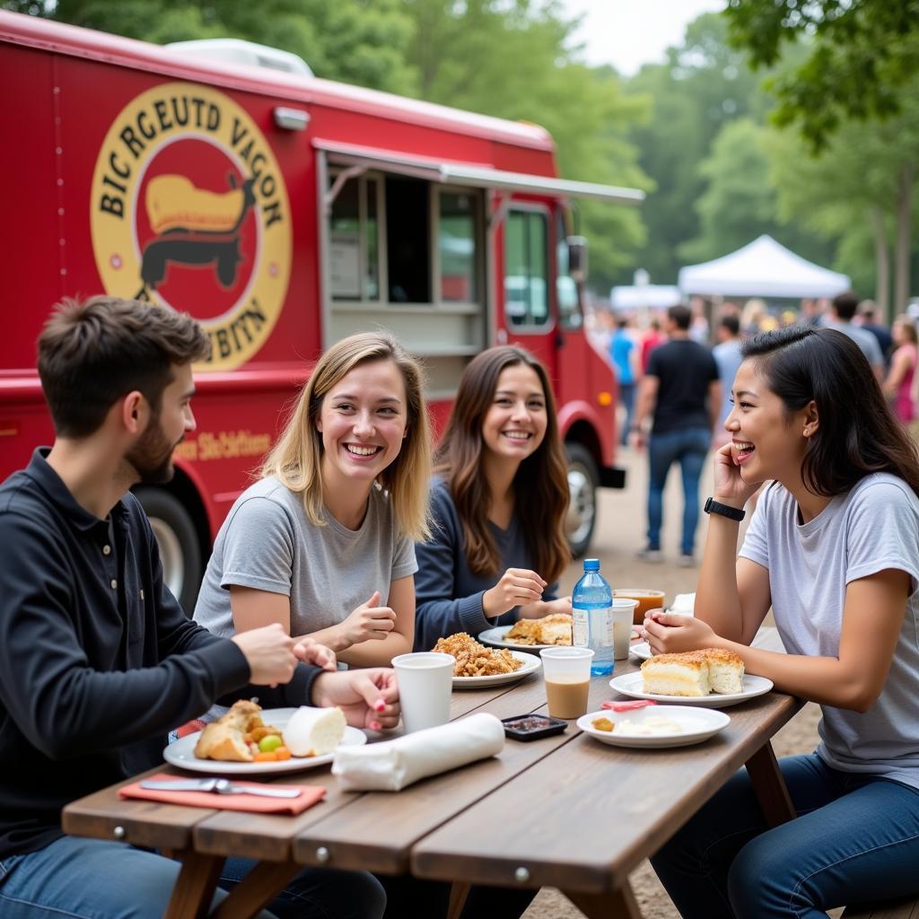 Happy customers enjoying their meals from The Big Red Wagon Food Truck at an outdoor event.