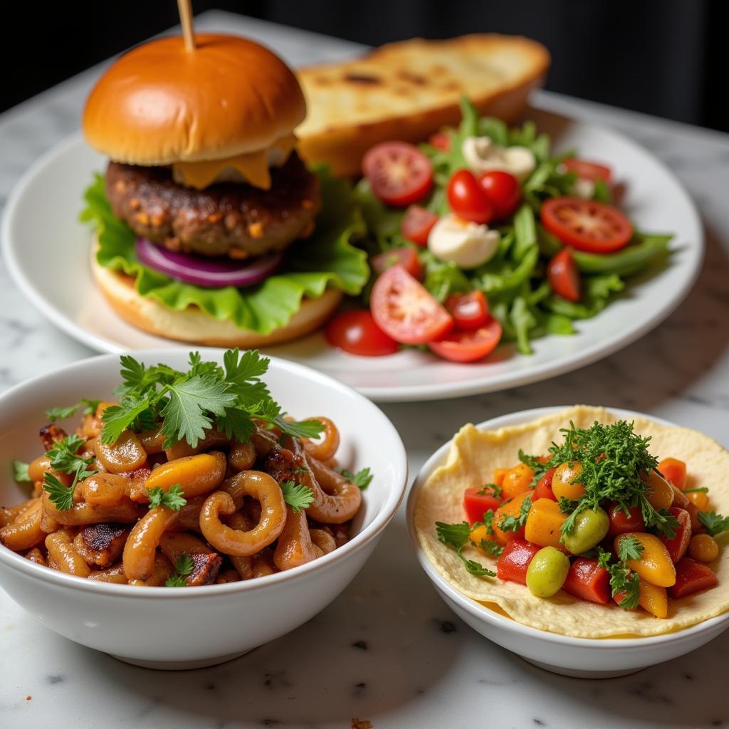 Close-up of several dishes from The Big Red Wagon Food Truck menu, showcasing their variety and presentation.